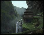  bird east_asian_architecture logartis mountain nature no_humans original scenery sunlight tree water waterfall 