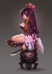  armor ass breasts brown_eyes covered_nipples greaves hair_ornament highres knife large_breasts long_hair nipple_slip nipples original purple_hair solo squatting very_long_hair zhang_wei_yi 
