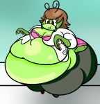  2018 antennae anthro arthropod belly belly_expansion big_belly big_breasts biped blade_arm bra breasts brown_eyes brown_hair cleavage clothed clothing curled_antennae digital_drawing_(artwork) digital_media_(artwork) dr._katy female frown full-length_portrait green_body hair hi_res huge_breasts hyper hyper_belly inflation insect inside katydid lab_coat lighting looking_down mandibles milk-knight non-mammal_breasts obese obese_female orthopterid overweight overweight_female panties pants portrait shadow short_hair solo spines standing surprise thick_thighs tight_clothing underwear wardrobe_malfunction wide_hips 