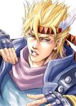  blonde_hair blue_jacket caesar_anthonio_zeppeli facial_mark fingerless_gloves gloves green_eyes headband jacket jojo_no_kimyou_na_bouken kurenai_karasu male_focus solo 