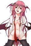  bat_wings black_hair blush breasts collarbone dress_shirt head_wings kneeling koakuma long_hair looking_at_viewer low_wings navel necktie no_bra no_pants open_clothes open_mouth open_shirt panties pantyhose pantyhose_pull pointy_ears red_eyes red_hair red_neckwear shiina_shian shirt simple_background small_breasts solo touhou underwear undone_necktie white_background white_panties wings 