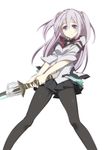  black_legwear blush breasts gakusen_toshi_asterisk highres long_hair looking_at_viewer medium_breasts ningen_(ningen96) pantyhose pink_hair purple_eyes school_uniform smile solo sword toudou_kirin two_side_up weapon 