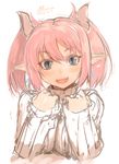  2013 blue_eyes blush breasts dated earrings face fang jewelry large_breasts lilim_(shingeki_no_bahamut) looking_at_viewer mel/a open_mouth pink_hair pointy_ears ribbed_sweater shingeki_no_bahamut short_twintails signature sketch slit_pupils smile solo sweater turtleneck twintails upper_body white_background 