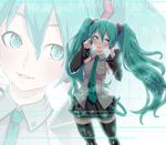  character_name detached_sleeves green_eyes green_hair hatsune_miku headset highres long_hair necktie skirt solo thighhighs touzai twintails very_long_hair vocaloid zoom_layer 