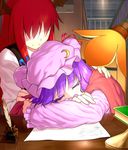  bat_wings blew_andwhite blush book bottle closed_eyes colored_eyelashes covering_with_blanket crescent desk eyebrows eyelashes hair_over_eyes hat hat_ribbon head_wings highres ink koakuma lamp long_hair multiple_girls no_eyes paper patchouli_knowledge purple_hair quill red_hair reflection ribbon sleeping smile touhou wings 