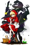  apple apron basket blonde_hair blue_eyes bug bulleta butterfly capelet dress evil_grin evil_smile flower food fruit full_body grin gun highres hood insect knife no_legwear red_capelet red_dress reimei129 rifle shadow shoes smile solo vampire_(game) weapon white_background 