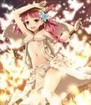  blush bracelet breasts choker flower hair_flower hair_ornament jewelry kay_(utd) long_hair magi_the_labyrinth_of_magic medium_breasts morgiana navel one_side_up red_eyes red_hair smile solo 