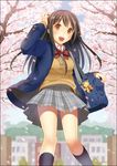  bag brown_eyes brown_hair cherry_blossoms keychain long_hair nakahara_(fukufuku) open_mouth original petals school_uniform shoulder_bag smile solo sweater_vest 