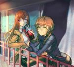  amane_suzuha belt braid breasts brown_hair dr_pepper drinking elpenlit jacket legwear_under_shorts long_hair makise_kurisu medium_breasts multiple_girls necktie official_style pantyhose purple_eyes shorts steins;gate track_jacket twin_braids yellow_eyes 