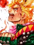  blonde_hair blood blood_on_face bubble caesar_anthonio_zeppeli facial_mark feathers fingerless_gloves gloves green_eyes green_jacket hair_feathers hair_ornament jacket jewelry jojo_no_kimyou_na_bouken male_focus p-geist2 ribbon ring scarf shouting solo tears 