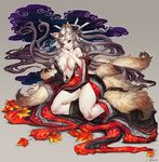  animal_ears areolae blonde_hair breasts brown_eyes fox_ears fox_tail hair_ornament large_breasts leaf long_hair multiple_tails off_shoulder original pale_skin pubic_hair robe solo tail zhang_wei_yi 