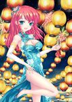  braid breasts china_dress chinese_clothes cleavage dress fireworks fred0092 green_eyes hair_ornament high_heels highres hong_meiling lantern long_hair md5_mismatch medium_breasts night no_hat no_headwear open_mouth red_hair shoes smile touhou twin_braids 