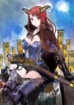  antique_firearm armor army banner breasts cape cleavage fake_horns firearm firelock flag gauntlets gun horns horse large_breasts maou_(maoyuu) maoyuu_maou_yuusha matchlock musket namesake nobori oda_nobunaga official_art red_eyes red_hair saddle sengoku_taisen sitting sweatdrop thighhighs toi8 weapon zettai_ryouiki 