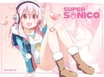  bandaid bandaid_on_knee boots breasts character_name fang headphones heart heart-shaped_pupils kitahara_tomoe_(kitahara_koubou) large_breasts long_hair looking_at_viewer nitroplus open_mouth pink_eyes pink_hair solo super_sonico symbol-shaped_pupils watermark web_address 