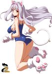  animal_ears ass bell blush breasts cat_ears cat_tail claws clearite competition_swimsuit gloves hairband highres idolmaster idolmaster_(classic) large_breasts long_hair looking_back one-piece_swimsuit paw_gloves paws purple_eyes shijou_takane silver_hair solo swimsuit tail tail_bell 