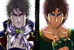  ascot black_hair blonde_hair blue_eyes dio_brando fingerless_gloves gloves glowing glowing_eyes headband honchu jojo_no_kimyou_na_bouken jonathan_joestar multiple_boys phantom_blood red_eyes 