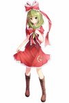  absurdres bad_id bad_pixiv_id blush boots cross-laced_footwear dress dress_tug front_ponytail full_body green_eyes green_hair hair_ribbon highres kagiyama_hina long_hair looking_at_viewer mushroom_(artist) puffy_sleeves red_dress ribbon short_sleeves simple_background smile solo touhou white_background 