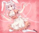  animal_ears apron blush braid bunny_ears double_v dress long_hair maruki_(punchiki) original pantyhose pink_background red_eyes silver_hair smile solo twin_braids v white_legwear 