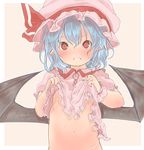  bad_id bad_pixiv_id bat_wings blue_hair blush hat hutaba123 looking_at_viewer midriff navel pointy_ears red_eyes remilia_scarlet shirt_lift solo touhou upper_body wings 