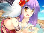  :d armlet beach bent_over bird blush breasts choker cleavage cupping_hands day fang flower hair_flower hair_ornament happy hibiscus long_hair looking_at_viewer medium_breasts open_mouth original outdoors purple_hair seagull seashell shell skirt sky smile solo souji_hougu water yellow_eyes 