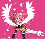  :3 bad_id bad_pixiv_id black_legwear boots bunny chain eyepatch hair_ornament hairclip highres long_hair necktie original red_eyes red_hair solo sword thighhighs two_side_up usagihime weapon wings wrist_cuffs 
