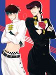  bad_id bad_pixiv_id black_hair crossed_arms earrings gakuran green_eyes groin headband heart higashikata_jousuke jewelry jojo_no_kimyou_na_bouken kishibe_rohan krt736 midriff multiple_boys peace_symbol pompadour school_uniform 