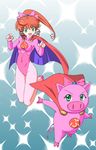  bow buurin_(tonde_buurin) cape covered_navel dual_persona green_eyes hair_bow highres kokubu_karin leotard murasaki2007 pantyhose pig pink_leotard ponytail red_hair sparkle superhero tonde_buurin 