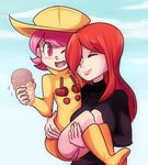  bad_id bad_pixiv_id carrying food hat ice_cream ice_cream_cone lips long_hair multiple_girls panties parasoul_(skullgirls) pink_eyes pink_hair pink_panties princess_carry raincoat red_hair short_hair shotlancer siblings sisters skullgirls smile umbrella_(skullgirls) underwear 