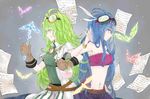  ahoge alchemic_magician belt blue_hair breasts douya_jiang duel_monster goggles green_eyes green_hair jewelry long_hair medium_breasts midriff multiple_girls necklace pages skirt slacker_magician test_tube very_long_hair yuu-gi-ou 