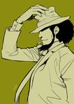  beard black_hair cigarette facial_hair fedora formal hand_on_headwear hat jigen_daisuke lupin_iii male_focus monochrome necktie ooshima_tomo sideburns smile solo suit 