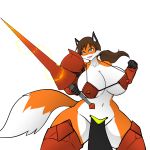  2019 absurd_res anthro armor big_breasts black_nose breasts canine cleavage clothed clothing digital_media_(artwork) dragoon eyebrows female fox fur hair hayakain hi_res holding_object holding_weapon huge_breasts lance loincloth magic mammal melee_weapon multicolored_fur navel open_mouth simple_background smile solo standing thick_thighs voluptuous weapon wendy_mathias_(lildredre) white_fur wide_hips 