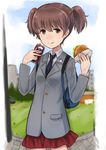  a&amp;w alisa_(girls_und_panzer) backpack bad_id bad_pixiv_id bag blazer brown_eyes brown_hair dress_shirt eating emblem food freckles girls_und_panzer grey_jacket hair_ornament hamburger jacket licking_lips long_sleeves miniskirt necktie pleated_skirt red_skirt saunders_school_uniform school_uniform shirt short_hair short_twintails skirt solo star star_hair_ornament tongue tongue_out twintails umasanjin white_shirt 