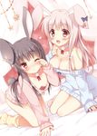  :&lt; :d all_fours animal_ears areola_slip areolae arm_support bare_shoulders bed black_hair blush bow breasts brown_eyes bunny_ears bunny_girl bunny_tail choker cleavage downblouse ear_ribbon fang finger_to_face hair_bow heart large_breasts long_hair loose_socks multiple_girls naked_sweater off-shoulder_sweater off_shoulder on_bed one_eye_closed open_mouth original pan_(mimi) pink_hair pink_legwear polka_dot polka_dot_legwear red_eyes ribbon rubbing_eyes sitting sleepy sleeves_past_wrists small_breasts smile socks star sweater tail very_long_hair yellow_legwear yokozuwari 