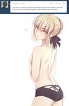  1girl artoria_pendragon_(all) ass back black_panties blonde_hair braid butt_crack covering covering_breasts fate/stay_night fate_(series) flat_ass french_braid hair_bun hair_ribbon lace lace-trimmed_panties pale_skin panties ribbon saber_alter short_hair solo surprised topless tumblr tusia underwear underwear_only yellow_eyes 