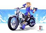  bare_shoulders black_legwear blazblue blonde_hair blue_eyes blue_footwear boots crossdressing detached_sleeves dress goggles goggles_on_head ground_vehicle jin_kisaragi licking_lips male_focus map motor_vehicle motorcycle pantyhose sayo_wini solo tongue tongue_out 