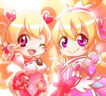  ;d aida_mana blonde_hair blush bow choker color_connection corset cure_heart cure_peach curly_hair dokidoki!_precure eyelashes fresh_precure! hair_ornament heart heart_hair_ornament long_hair look-alike magical_girl momozono_love multiple_girls one_eye_closed open_mouth pink_bow pink_choker pink_eyes pink_sleeves precure ribbon smile tochiringo twintails v 