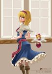  alice_margatroid bad_proportions blonde_hair blue_eyes boots cup doll hairband highres rapuka shanghai_doll short_hair smile touhou window 