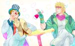  alcohol bad_id bad_pixiv_id battle_tendency blonde_hair brown_hair bubble caesar_anthonio_zeppeli cup drinking_glass facial_hair facial_mark feathers fingerless_gloves gloves grandfather_and_grandson green_jacket hair_feathers hat headband jacket jojo_no_kimyou_na_bouken male_focus multiple_boys mustache phantom_blood time_paradox top_hat uchiyama_lammy will_anthonio_zeppeli wine wine_glass 