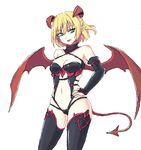  bare_shoulders black_legwear blonde_hair bridal_gauntlets choker demon_girl demon_tail demon_wings green_eyes hand_on_hip harness horns isaki_(gomi) mizuhashi_parsee navel oekaki pointy_ears short_hair simple_background smile solo succubus tail thighhighs touhou white_background wings 