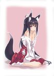  absurdres animal_ears black_hair blush breasts cleavage fox_ears fox_tail full_body hakama highres japanese_clothes long_hair looking_at_viewer miko off_shoulder original pink_background purple_eyes red_hakama second_heaven sidelocks simple_background sitting small_breasts socks tabi tail very_long_hair wariza white_legwear 