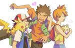  2boys backpack bad_id bad_pixiv_id bag baseball_cap belt black_hair broken_heart brown_hair closed_eyes ear_pull fingerless_gloves gen_1_pokemon gen_2_pokemon gloves hat jacket k-n kasumi_(pokemon) laughing multiple_boys orange_hair pikachu pokemon pokemon_(anime) pokemon_(classic_anime) pokemon_(creature) satoshi_(pokemon) shirt side_ponytail spiked_hair suspenders takeshi_(pokemon) togepi vest yellow_shirt 