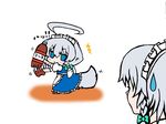  2girls :&lt; ahoge animal_ears apron blue_eyes bonobono_(en-rai) bow chibi dog_ears dog_tail dual_persona grey_hair hair_bow highres huge_ahoge inu_sakuya izayoi_sakuya looking_back maid maid_headdress multiple_girls shaking simple_background soda sweatdrop tail touhou triangle_mouth white_background 