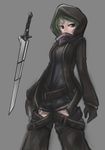  arceonn belt chaps gloves green_hair hood hoodie original purple_eyes scarf shorts solo sword weapon 