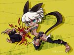  animal_ears blood blue_eyes claws gloves grin midriff ms._fortune_(skullgirls) sakiko_(gekiama) scar severed_limb short_hair skullgirls smile solo tail white_hair 