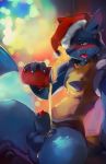  2018 alcohol animal_genitalia animal_penis anthro balls beer beverage black_fur blue_balls blue_fur blue_sheath blush canine canine_penis christmas claws cup detached_sheath drooling drunk fur hat hi_res holidays lucario male mammal nintendo nude penis penis_tip pok&eacute;mon pok&eacute;mon_(species) red_eyes red_penis saliva santa_hat sheath sitting solo spikes supplesee tongue tongue_out video_games yellow_fur 