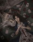  alice:_madness_returns alice_(wonderland) black_hair blood card dual_persona green_eyes knife lying mochikko_(cocoa0101) multiple_girls white_hair 