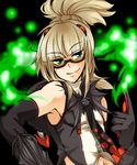  alternate_costume alternate_hairstyle ash_crimson bat bespectacled blonde_hair blue_eyes elbow_gloves fire freckles glasses gloves green_fire male_focus navel puchi-pochi pyrokinesis smile solo the_king_of_fighters topknot 