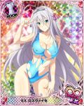  1girl antenna_hair aqua_eyes blue_swimsuit blush breasts card_(medium) character_name chess_piece cleavage closed_mouth covered_nipples hair_ribbon high_school_dxd high_school_dxd_infinity large_breasts long_hair looking_at_viewer official_art ribbon rook_(chess) rossweisse silver_hair smile solo swimsuit tiara torn_clothes torn_swimsuit trading_card v very_long_hair 