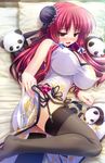  1girl :d absurdres black_legwear breasts chinese_clothes cleavage fang garter_straps highres impossible_clothes large_breasts legs open_mouth panda pink_eyes pink_hair prism_recollection! renjou_sayaka shintarou smile stuffed_animal stuffed_panda stuffed_toy thighhighs 