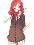  blazer blush bow bowtie cardigan copyright_name covering covering_crotch covering_mouth heart jacket looking_at_viewer love_live! love_live!_school_idol_project nishikino_maki no_pants ooyari_ashito otonokizaka_school_uniform playing_with_own_hair purple_eyes red_hair school_uniform simple_background sketch solo tears white_background 